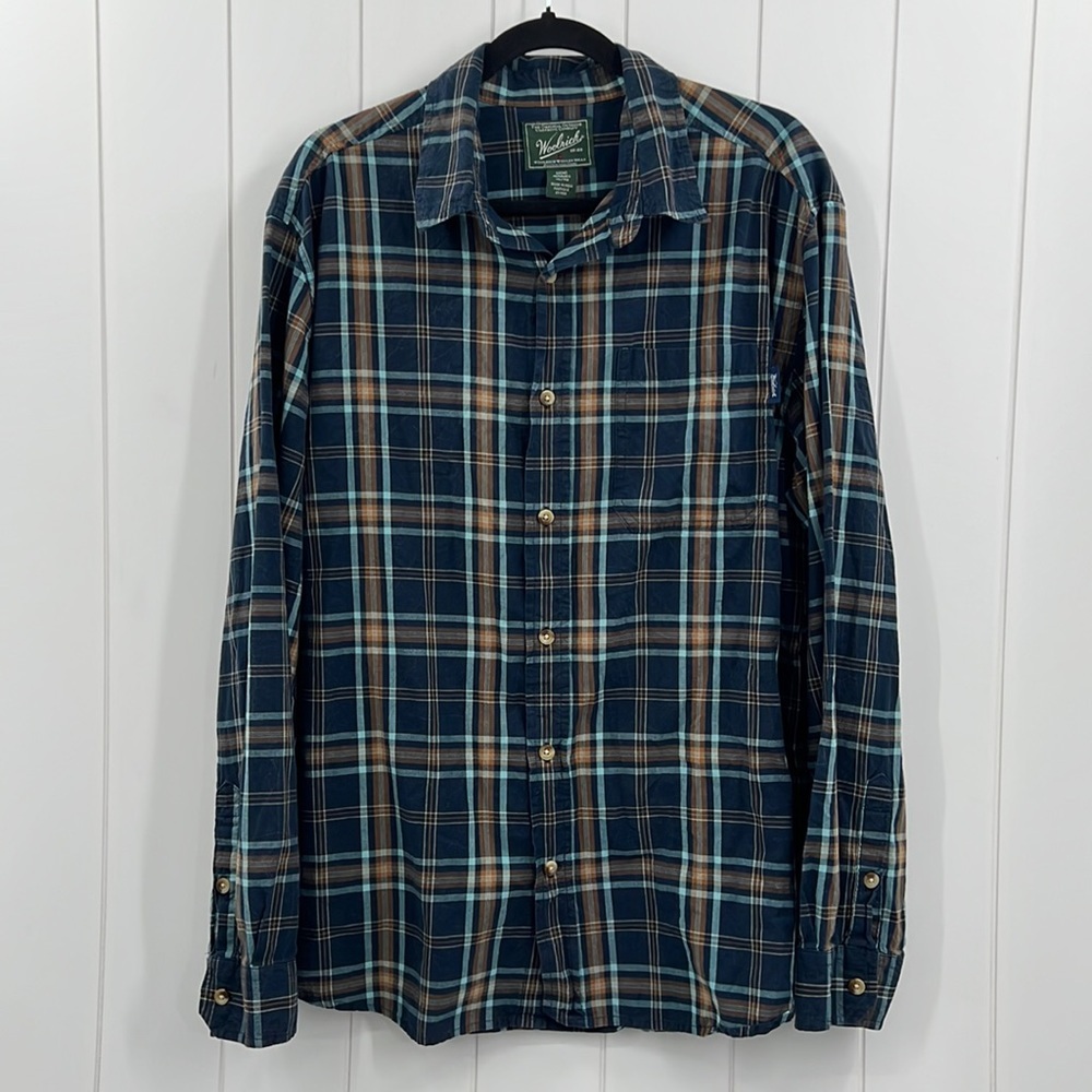 Woolrich Mens Plaid Button Down Long Sleeve Shirt Blue XL/TG Tall 100% Cotton